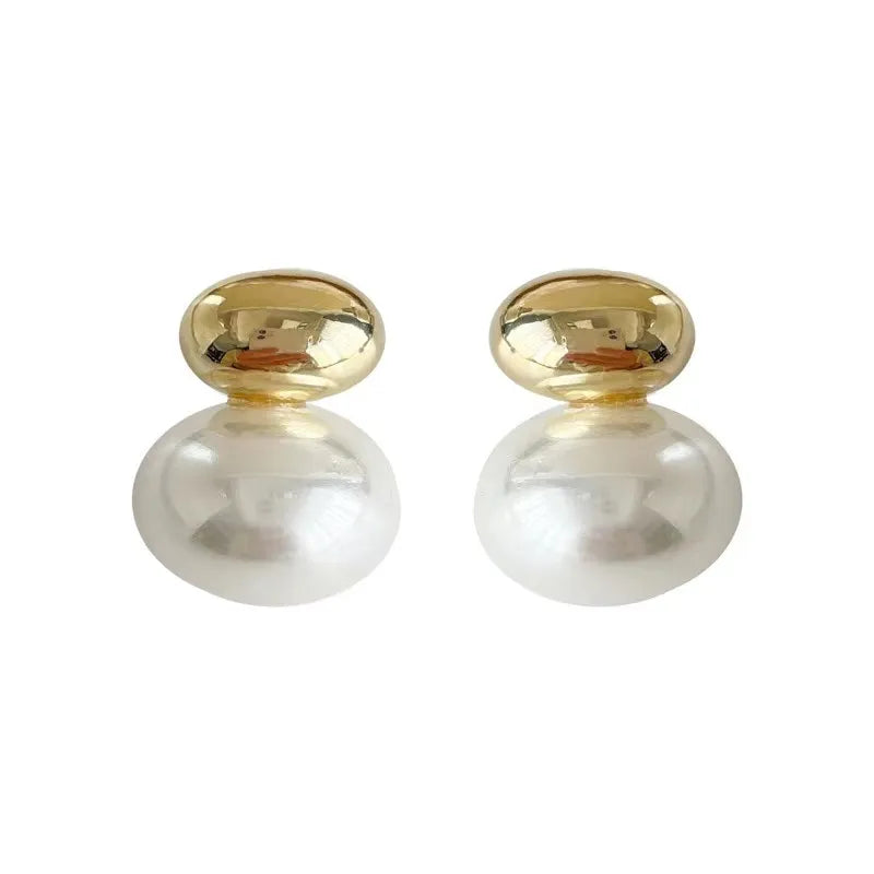 French Gold Bean Flat Pearl Earrings