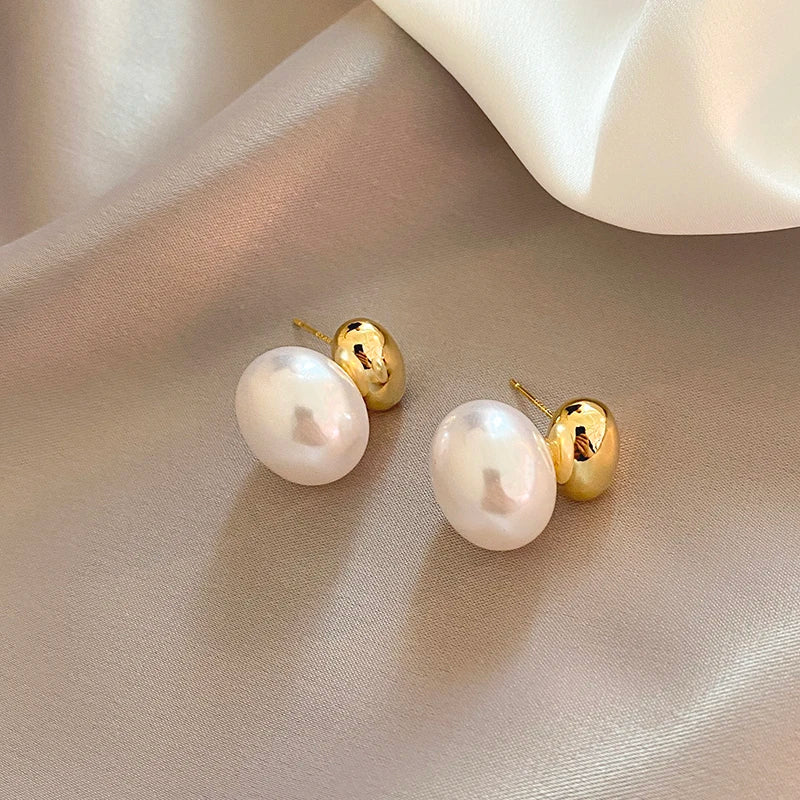 French Gold Bean Flat Pearl Earrings