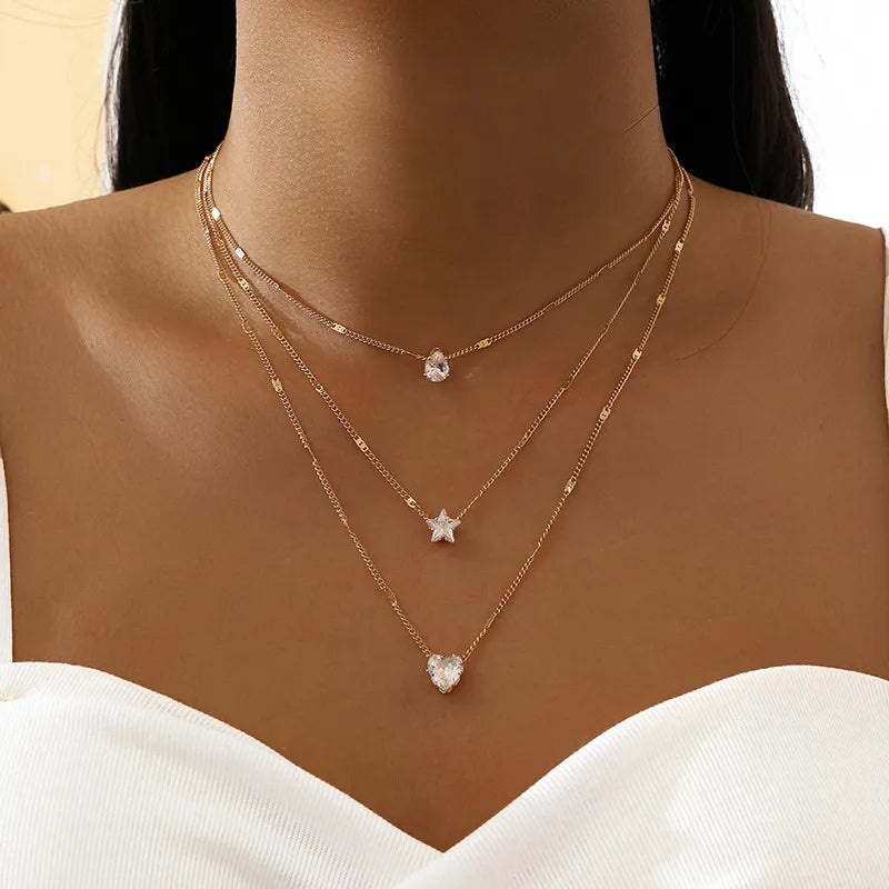 Crystal Heart Star Charm Pendant Necklace