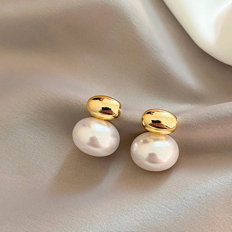 French Gold Bean Flat Pearl Earrings